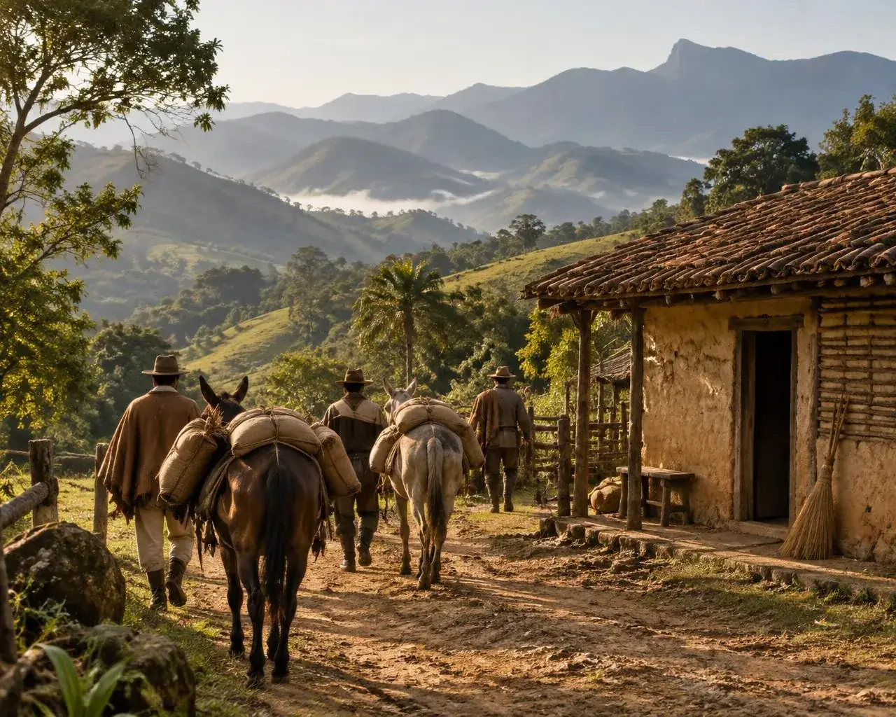 Imagem meramente ilustrativa: tropeiros com mulas carregadas chegando a um rancho de pau a pique, com uma vassoura de palha na porta e montanhas ao fundo