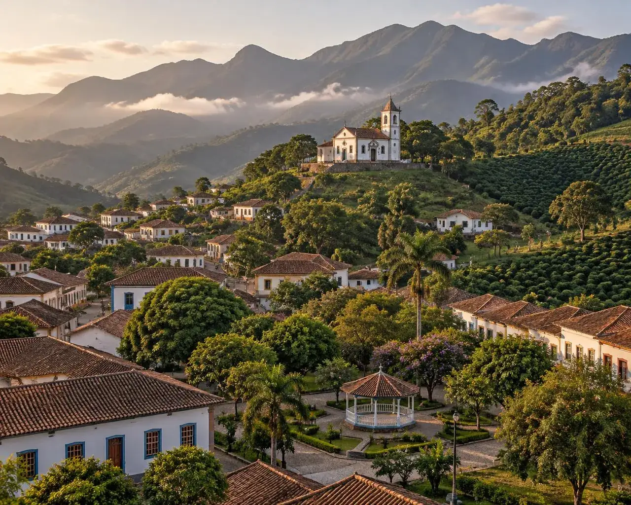 Imagem meramente ilustrativa: casario branco nas encostas entre cafezais, com a igreja no alto da colina e um coreto na praça