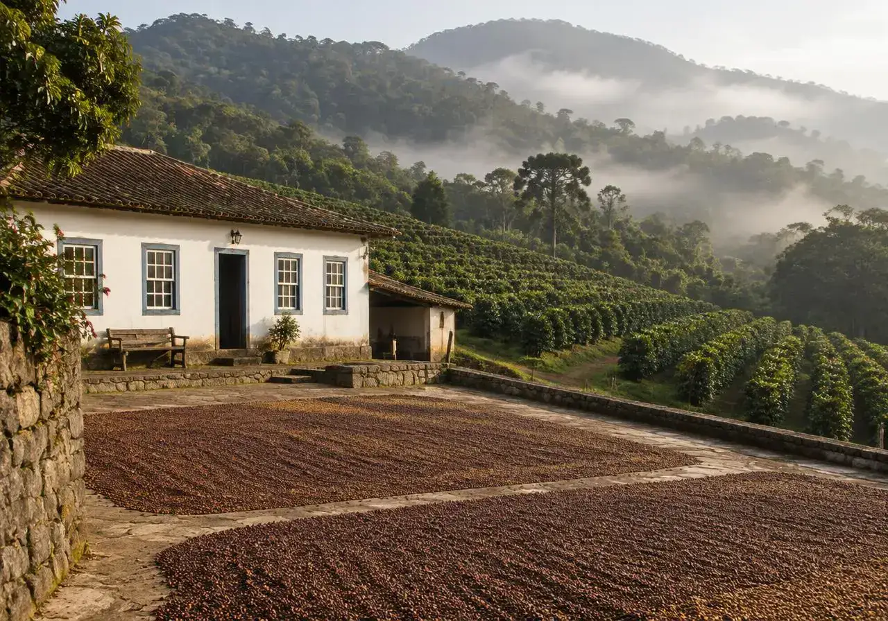 Imagem meramente ilustrativa: casa antiga de fazenda com terreiro de café e mata ao fundo