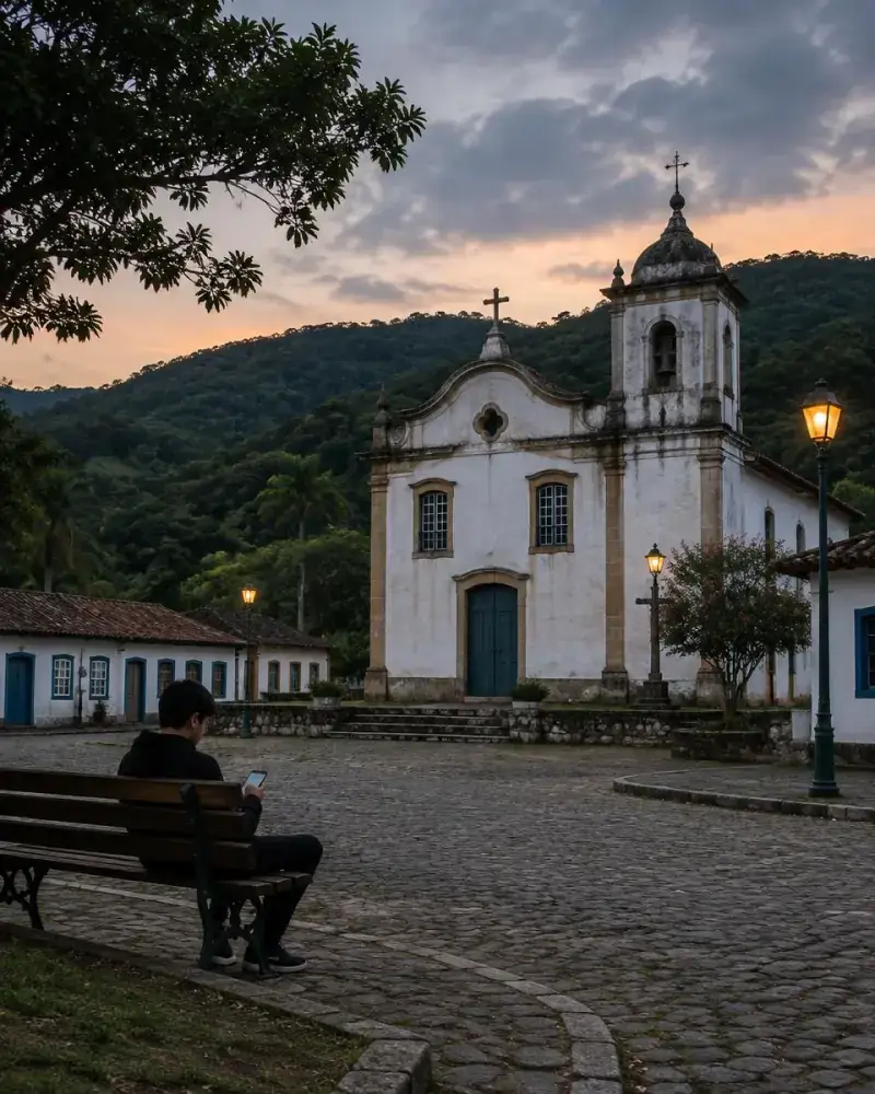 Imagem ilustrativa: praça com igreja ao entardecer
