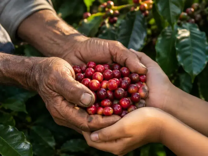 Imagem ilustrativa: mãos de um adulto e de uma criança segurando frutos de café