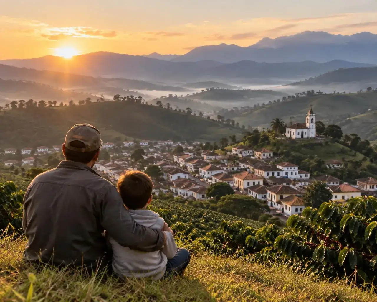 Imagem meramente ilustrativa: pai e filho, de costas, olhando a cidade do alto de um morro ao nascer do sol