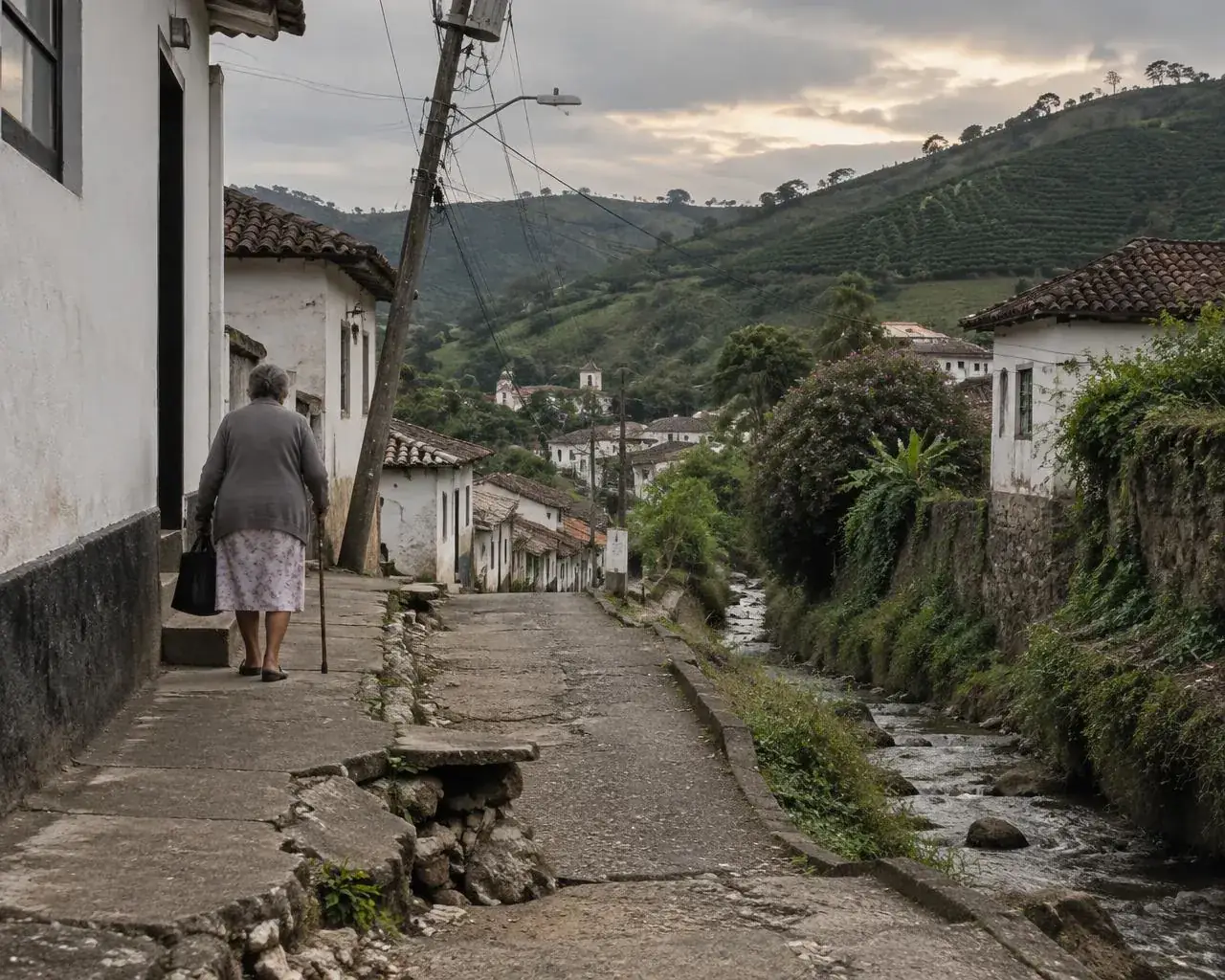 Imagem meramente ilustrativa: senhora de bengala andando por uma calçada quebrada, ao lado de um ribeirão e de um poste torto