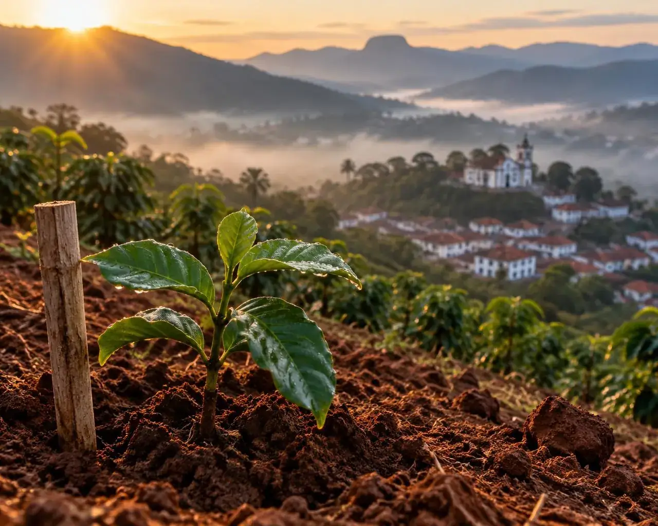 Imagem meramente ilustrativa: muda de café recém-plantada na terra vermelha, com a cidade e as montanhas ao amanhecer ao fundo